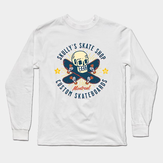 Skully's Skate Shop Vintage Skateboarding Skull Custom Board Long Sleeve T-Shirt by Wasabi Snake